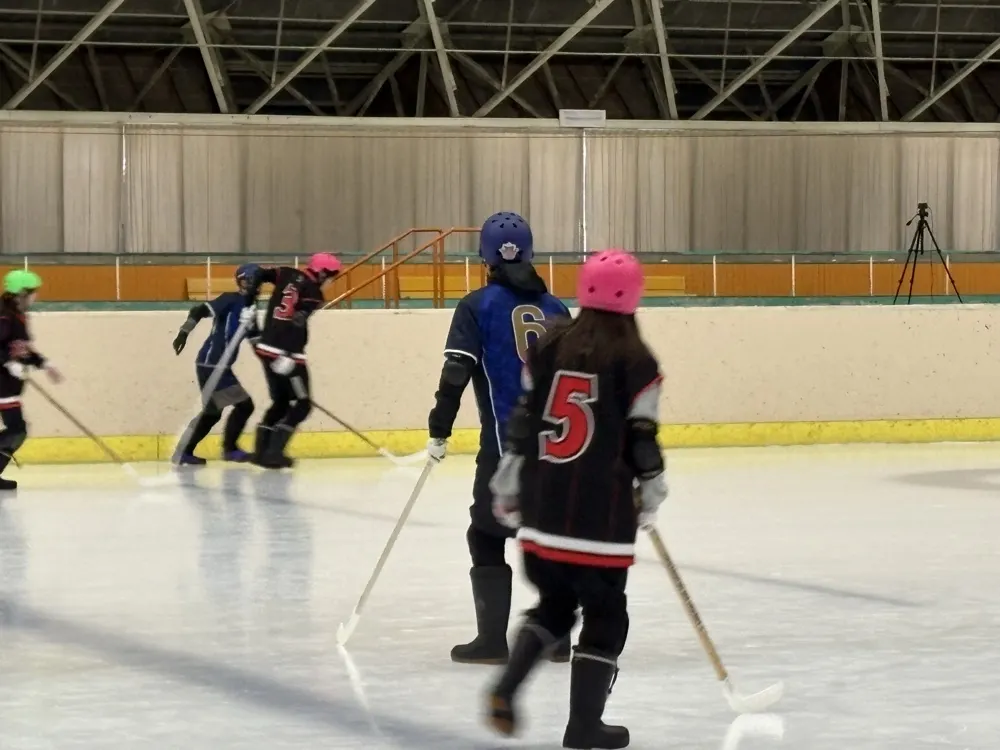 リンクの壁際でボールを争う女子選手たち